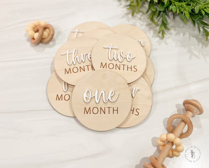 3D Wooden Monthly Milestone Discs For Baby Photos with White Acrylic Month