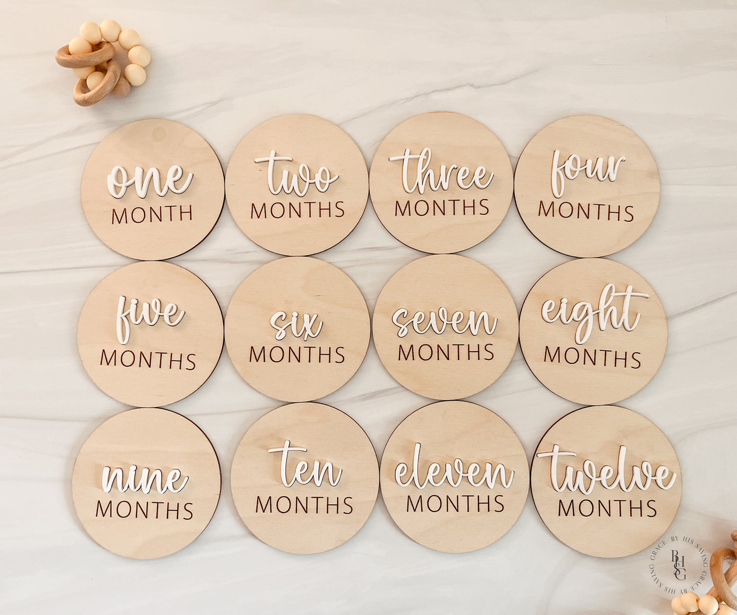 3D Wooden Monthly Milestone Discs For Baby Photos with White Acrylic Month