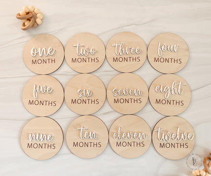 3D Wooden Monthly Milestone Discs For Baby Photos with White Acrylic Month