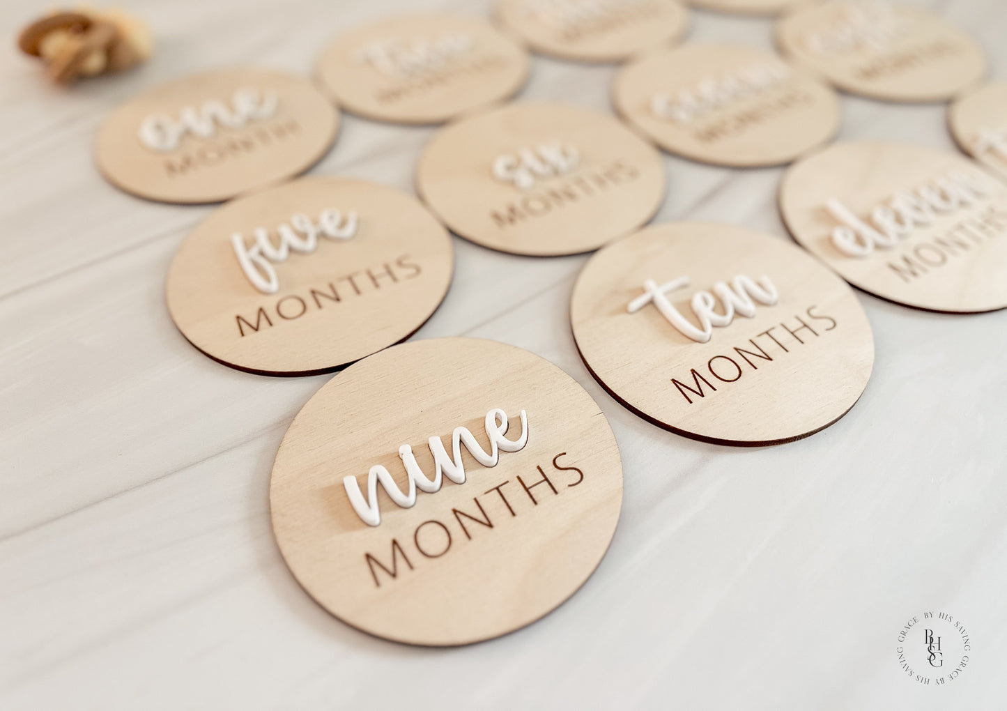 3D Wooden Monthly Milestone Discs For Baby Photos with White Acrylic Month