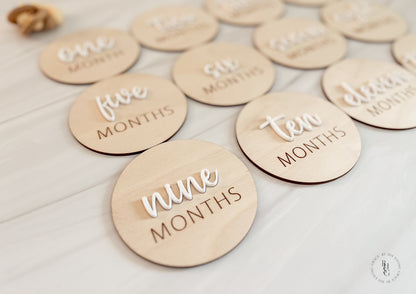 3D Wooden Monthly Milestone Discs For Baby Photos with White Acrylic Month