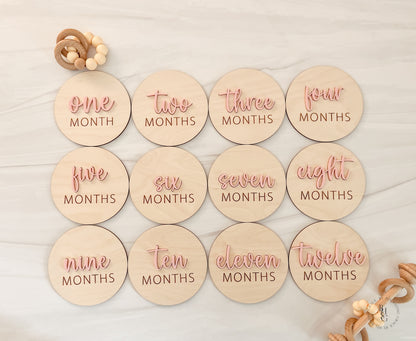 3D Wooden Monthly Milestone Discs For Baby Photos with Light Pink Acrylic Month