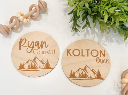 Wooden Mountain Baby Name Announcement Sign