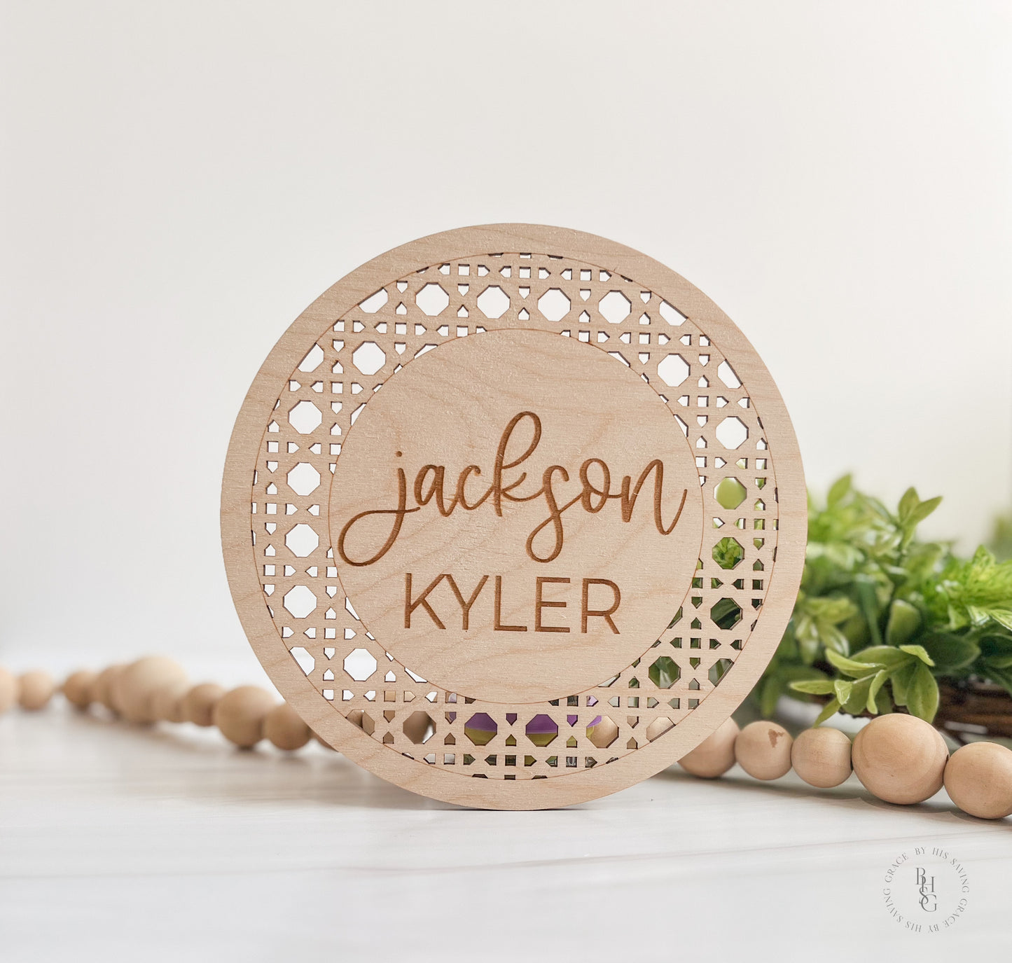 Wooden Boho Rattan Baby Name Announcement Sign