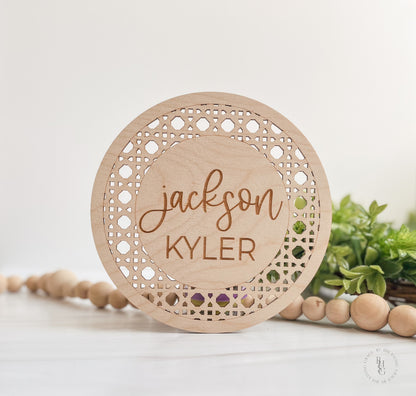 Boho Rattan Wooden Monthly Milestone Discs For Baby Photos + Matching Nameplate