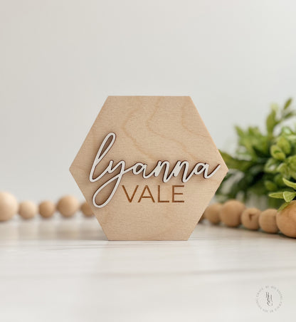 3D Hexagon Wooden Monthly Milestone Discs For Baby Photos + Matching Nameplate