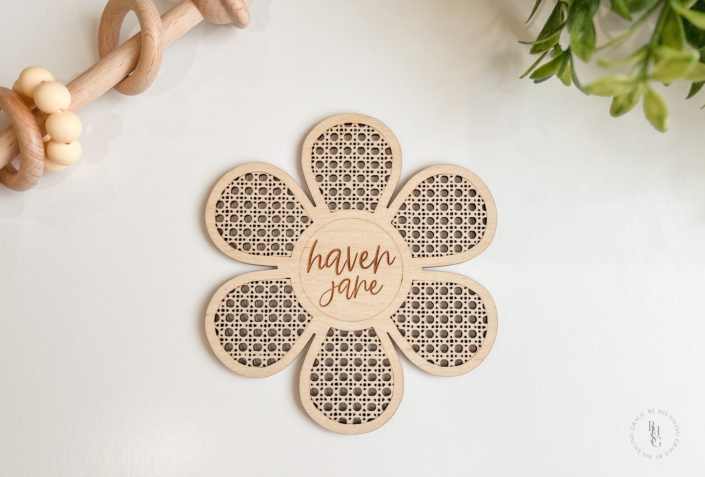 Wooden Daisy Rattan Baby Name Announcement Sign