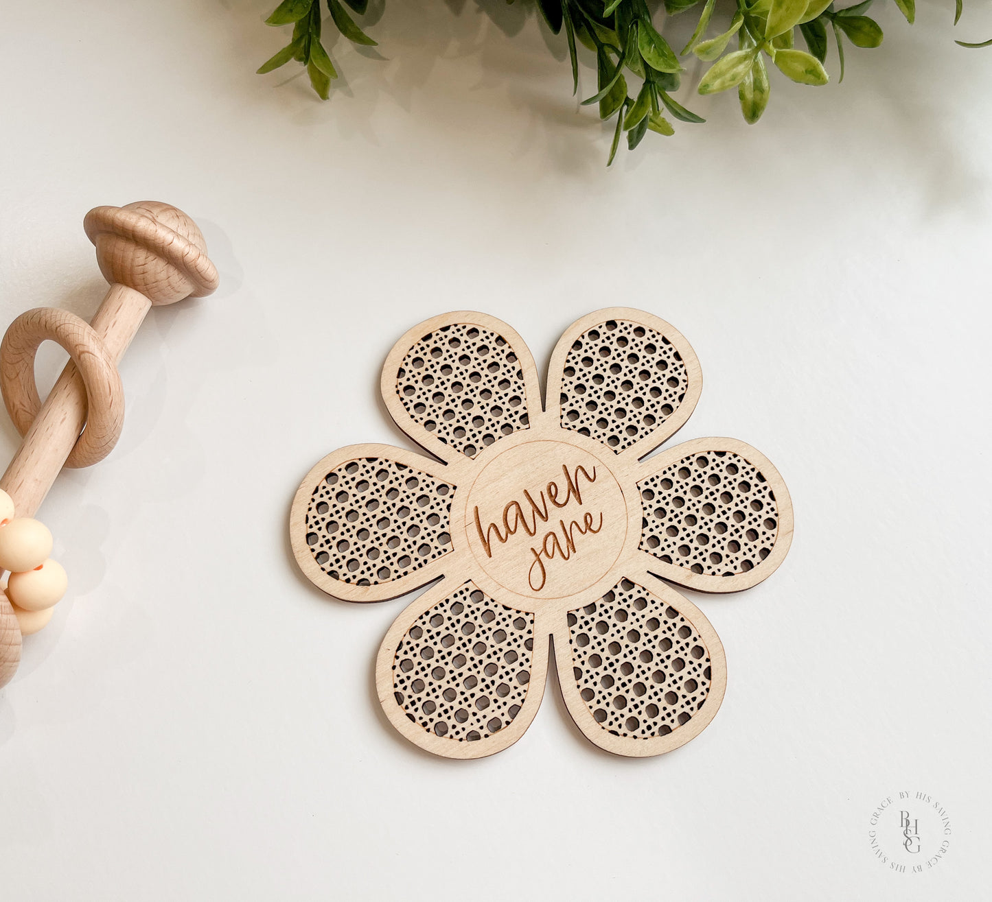 Wooden Daisy Rattan Baby Name Announcement Sign