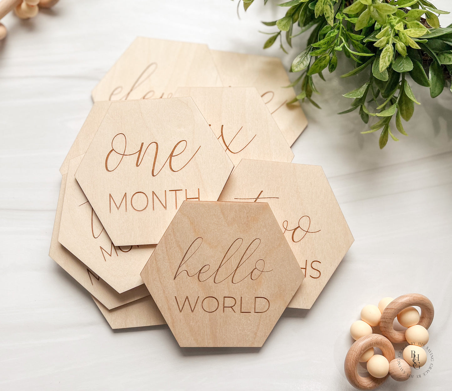 Minimalist Wooden Hexagon Monthly Milestone Discs For Baby Photos