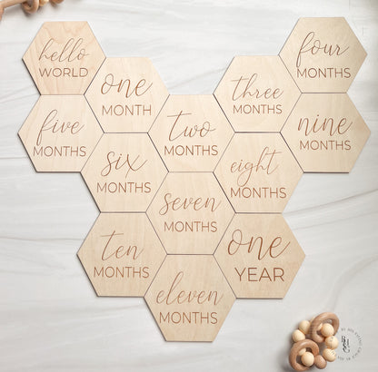 Minimalist Wooden Hexagon Monthly Milestone Discs For Baby Photos