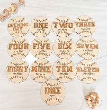 Wooden Baseball Monthly Milestone Discs For Baby Photos