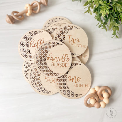 Boho Rattan Moon Wooden Monthly Milestone Discs For Baby Photos + Matching Nameplate