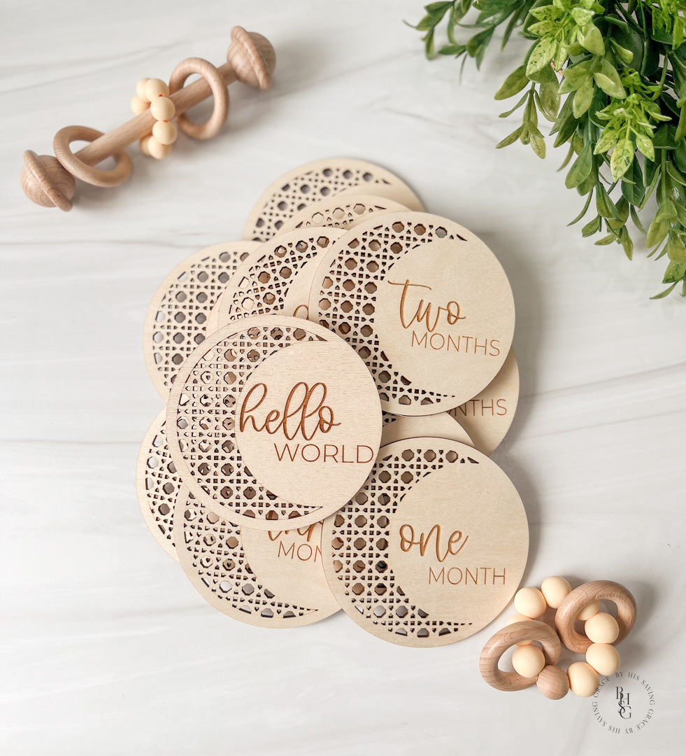 Boho Rattan Moon Wooden Monthly Milestone Discs For Baby Photos + Matching Nameplate