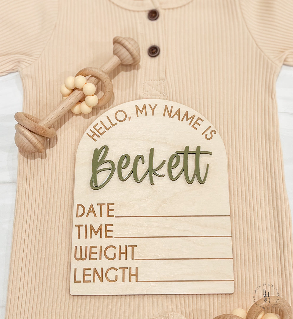 Wooden Hello My Name Is Arch Birth Stat Sign With Acrylic Name