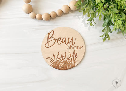 Wooden Cattail Baby Name Announcement Sign