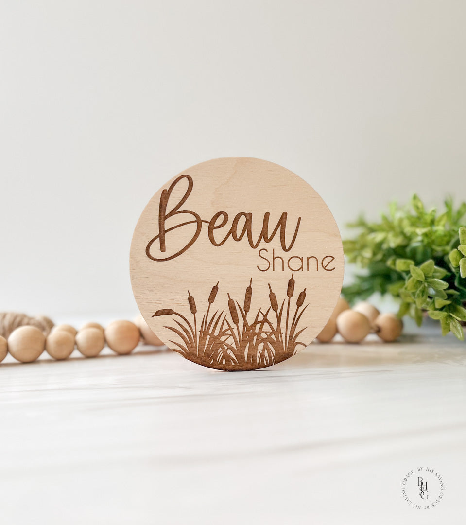 Wooden Cattail Baby Name Announcement Sign