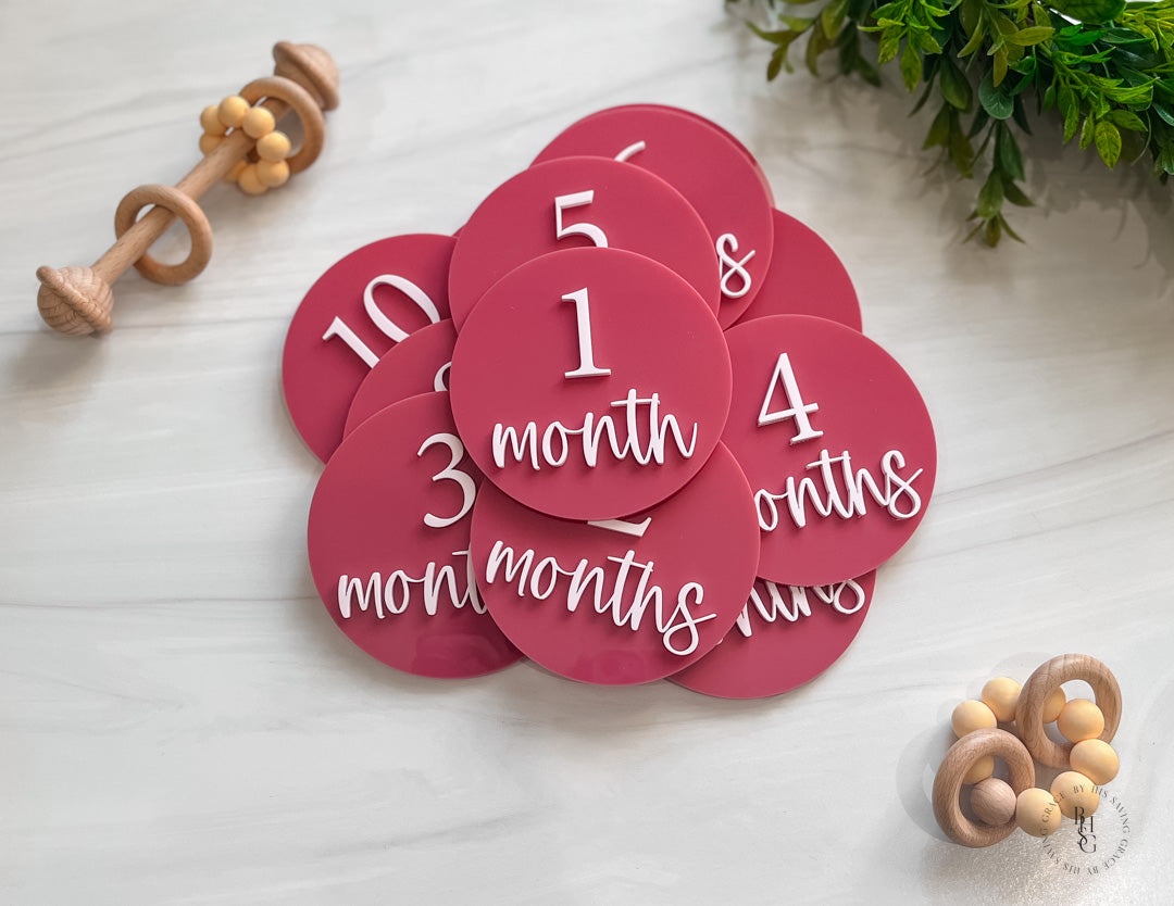 3D Pink Acrylic Monochromatic Monthly Milestone Discs For Baby Photos