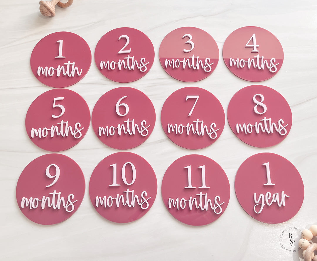 3D Pink Acrylic Monochromatic Monthly Milestone Discs For Baby Photos