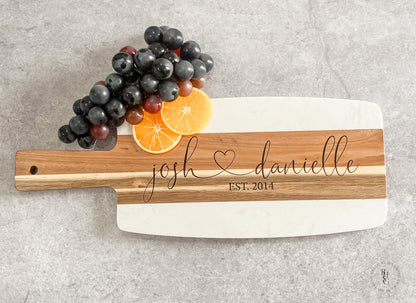 Personalized Marble & Acacia Wood Serving Board With Name + Est. Date