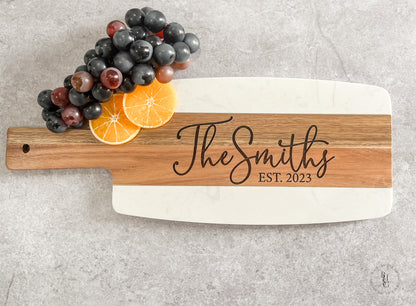 Personalized Marble & Acacia Wood Serving Board With Name + Est. Date