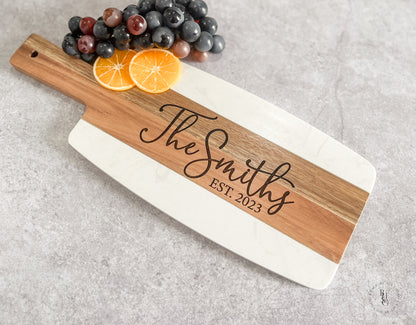 Personalized Marble & Acacia Wood Serving Board With Name + Est. Date