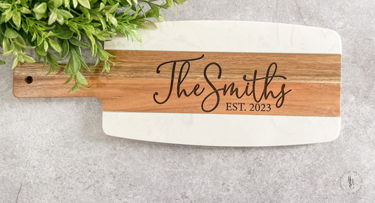 Personalized Marble & Acacia Wood Serving Board With Name + Est. Date