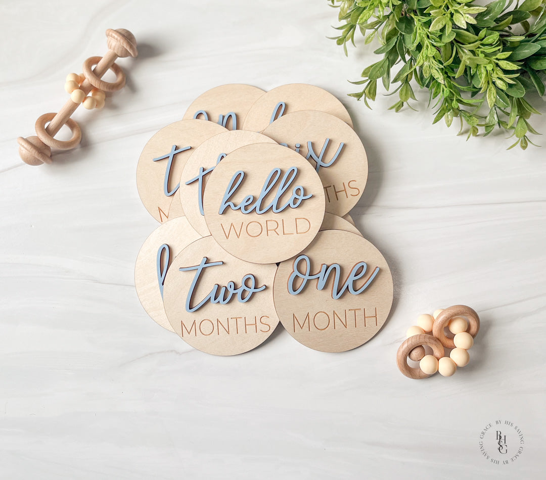 3D Wooden Monthly Milestone Discs With Light blue Letters Baby Photos