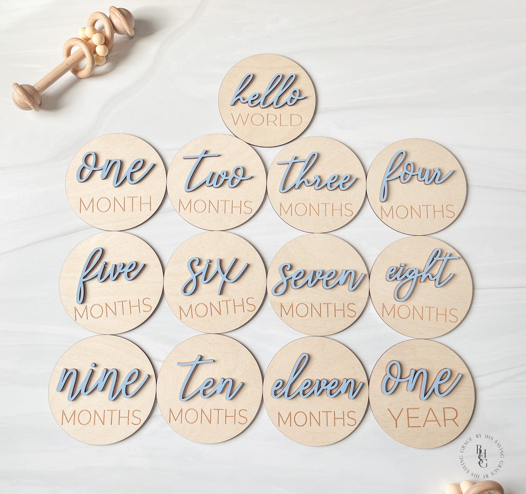 3D Wooden Monthly Milestone Discs With Light blue Letters Baby Photos