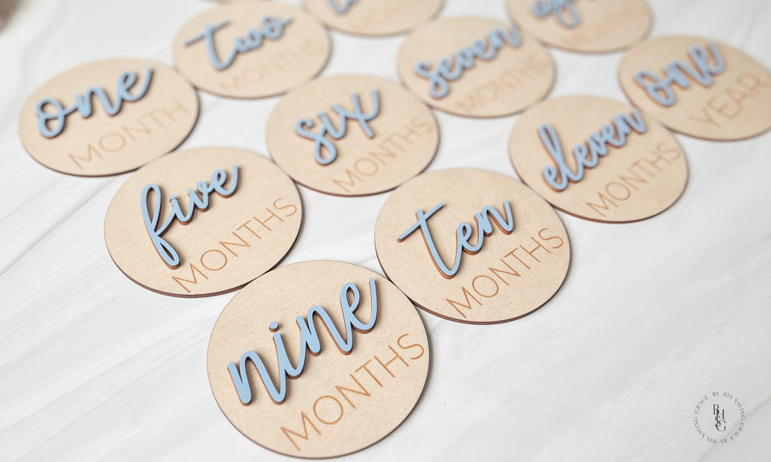 3D Wooden Monthly Milestone Discs With Light blue Letters Baby Photos