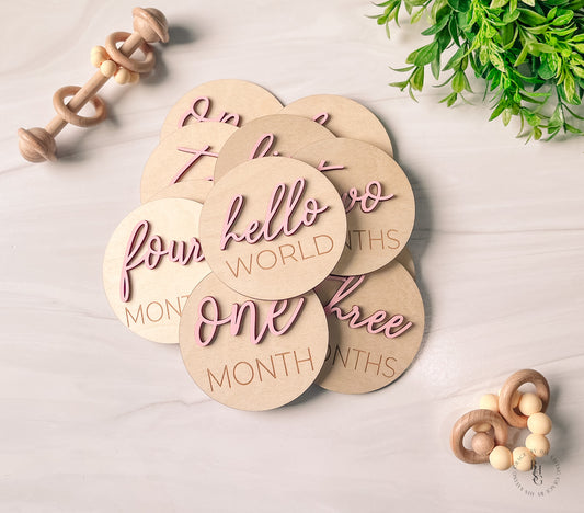 3D Wooden Monthly Milestone Discs With Light Pink Letters For Baby Photos