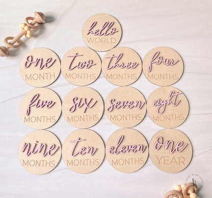 3D Wooden Monthly Milestone Discs With Light Pink Letters For Baby Photos