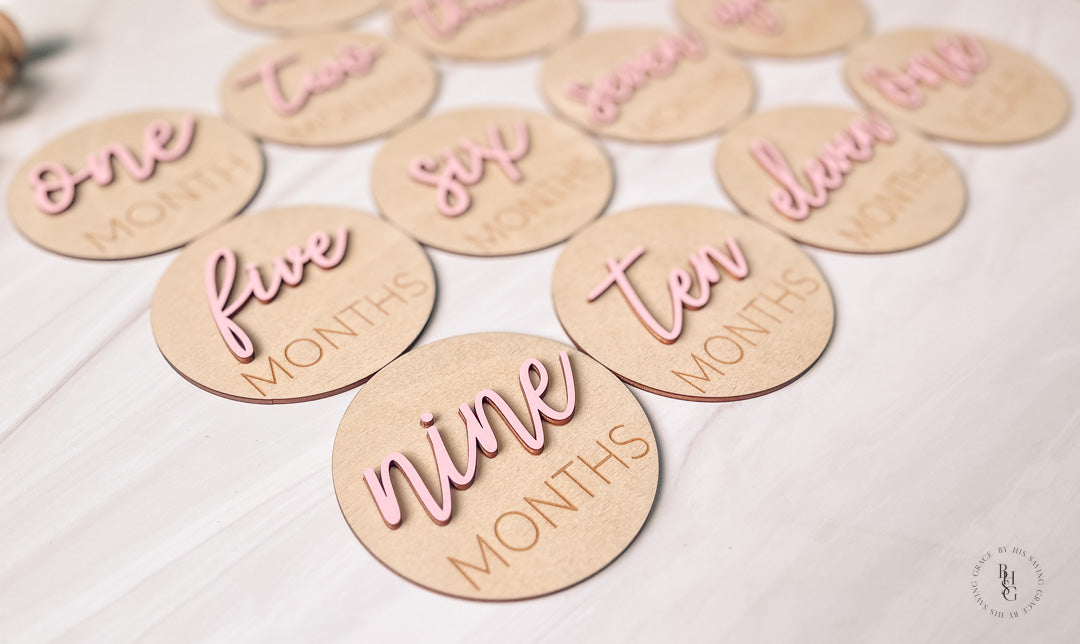 3D Wooden Monthly Milestone Discs With Light Pink Letters For Baby Photos