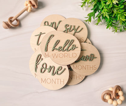 3D Wooden Monthly Milestone Discs With Sage Letters Baby Photos