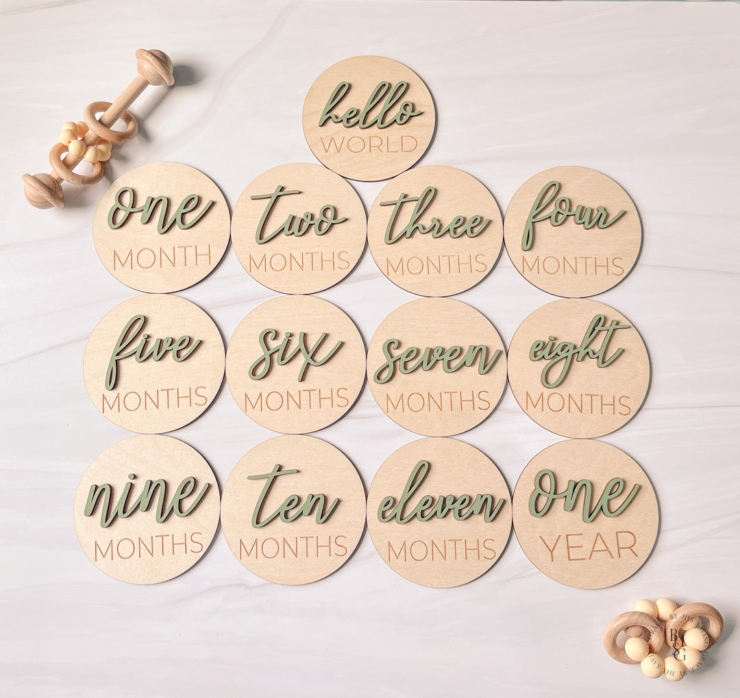 3D Wooden Monthly Milestone Discs With Sage Letters Baby Photos