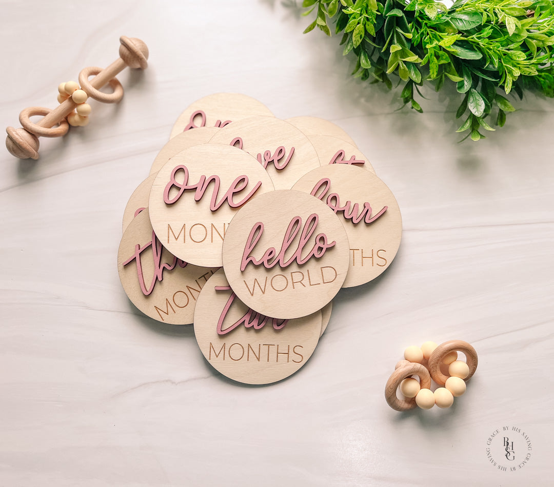 3D Wooden Monthly Milestone Discs With Vintage Rose Letters For Baby Photos