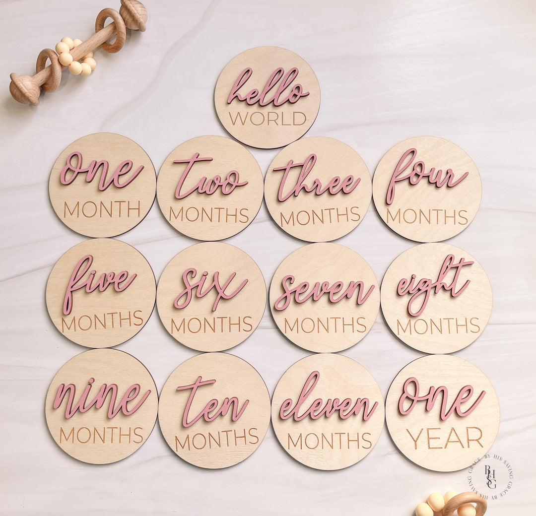 3D Wooden Monthly Milestone Discs With Vintage Rose Letters For Baby Photos