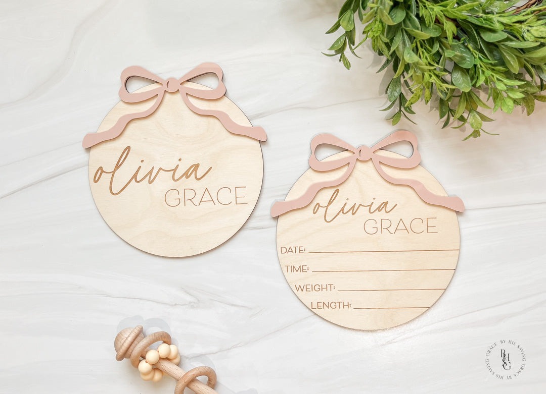 Wooden Baby Announcement Sign With Birth Stats + Nameplate Sign With Acrylic Bow