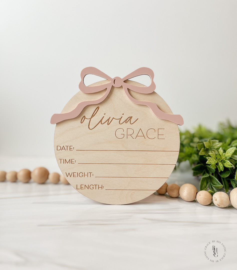 Wooden Baby Announcement Sign With Birth Stats + Nameplate Sign With Acrylic Bow