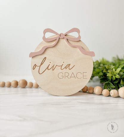 Wooden Baby Announcement Sign With Birth Stats + Nameplate Sign With Acrylic Bow