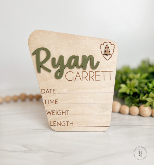 Wooden National Park Baby Announcement Sign With Birth Stats and Acrylic Name