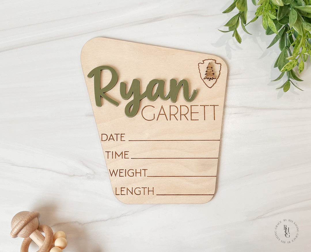 Wooden National Park Baby Announcement Sign With Birth Stats and Acrylic Name