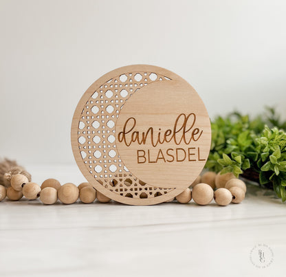 Wooden Boho Rattan Moon Baby Name Announcement Sign