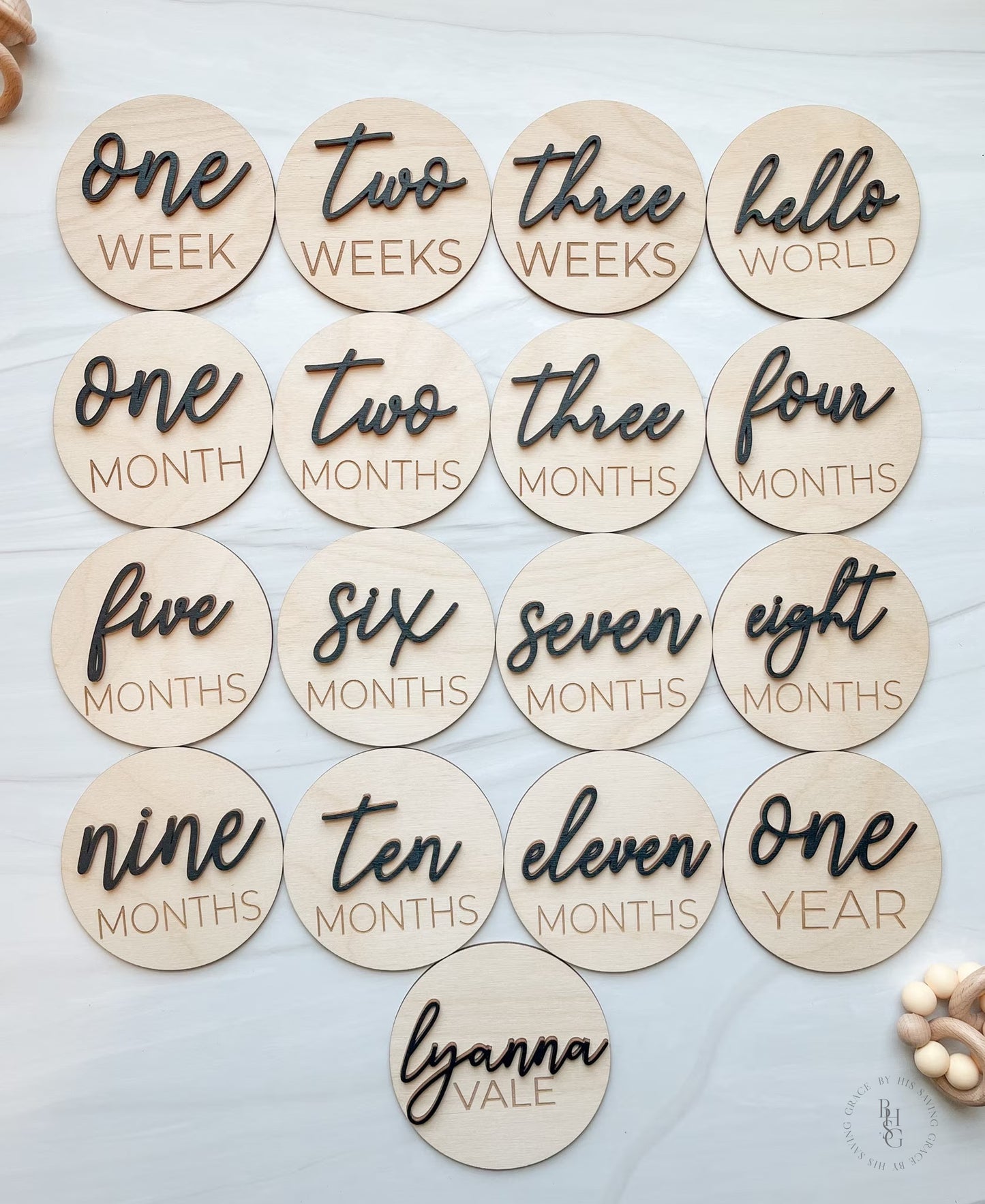 3D Wooden Monthly Milestone Discs For Baby Photos + Matching Nameplate