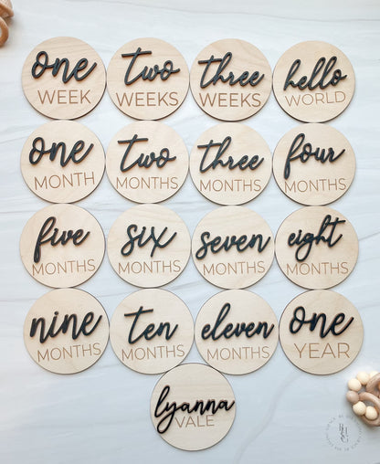 3D Wooden Monthly Milestone Discs For Baby Photos + Matching Nameplate