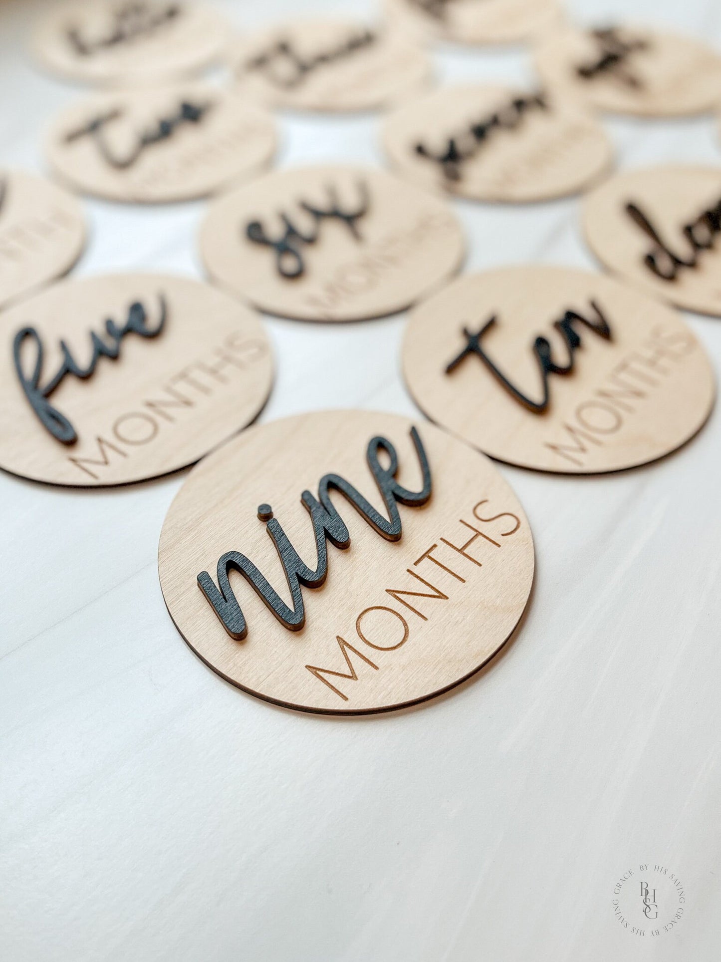 3D Wooden Monthly Milestone Discs For Baby Photos + Matching Nameplate