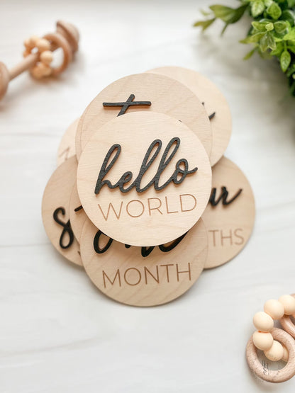 3D Wooden Monthly Milestone Discs For Baby Photos + Matching Nameplate