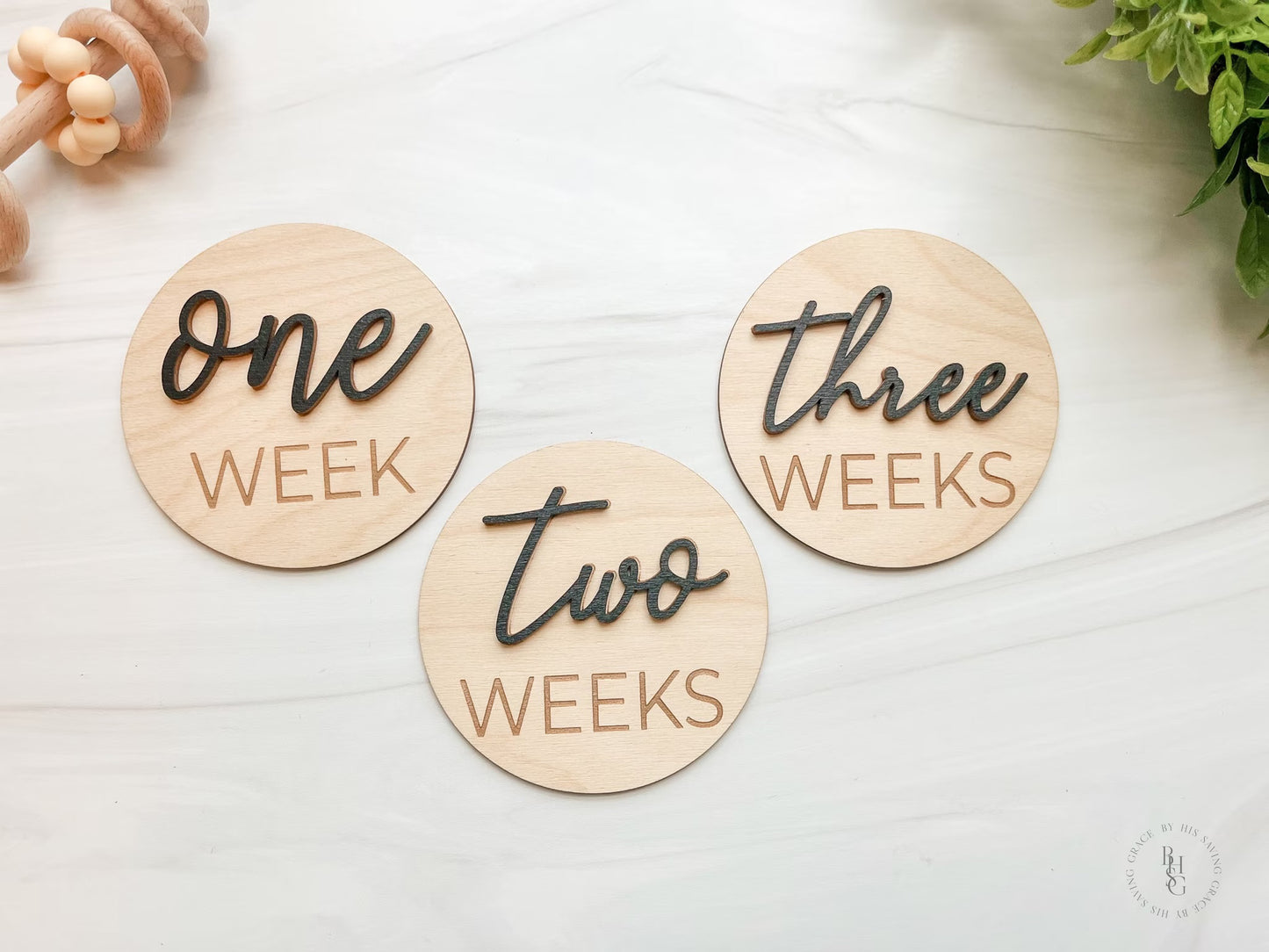 3D Wooden Monthly Milestone Discs For Baby Photos + Matching Nameplate