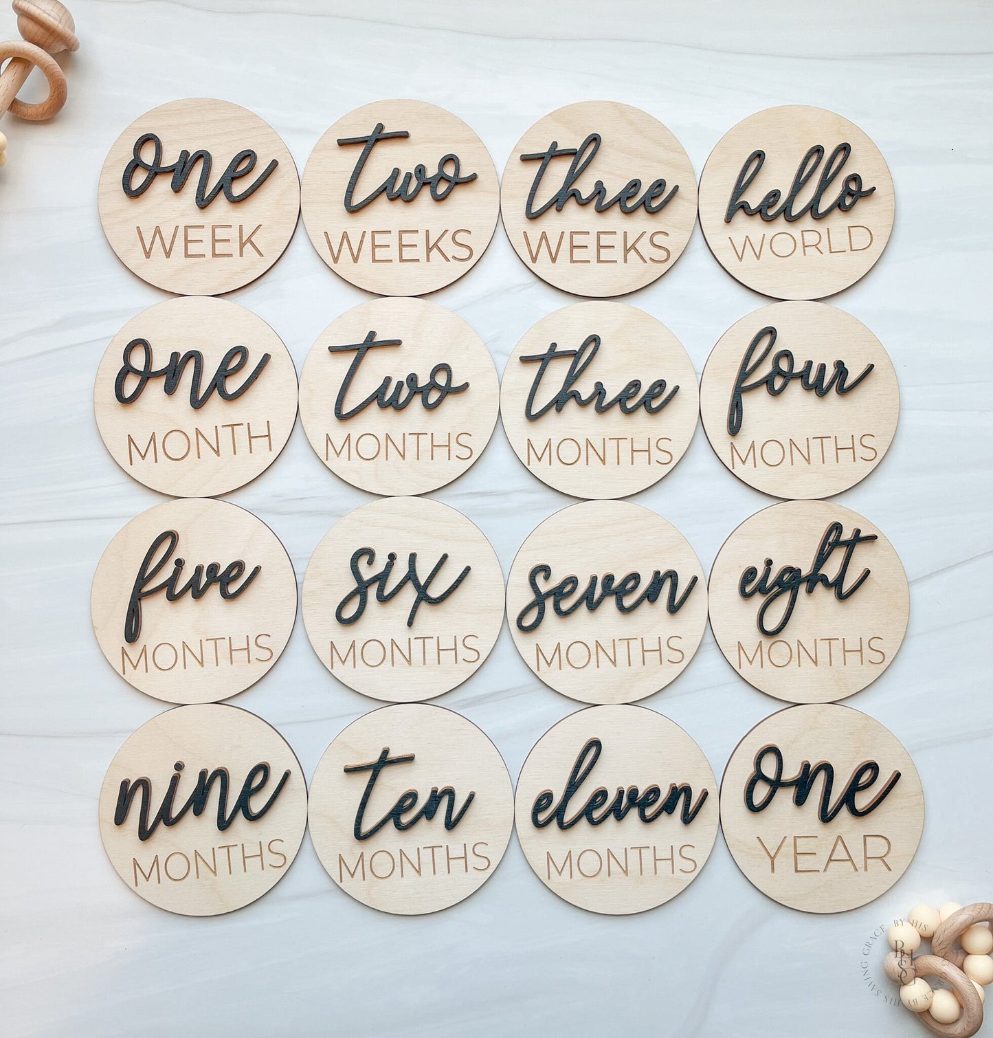 3D Wooden Monthly Milestone Discs For Baby Photos + Matching Nameplate