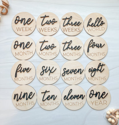 3D Wooden Monthly Milestone Discs For Baby Photos + Matching Nameplate