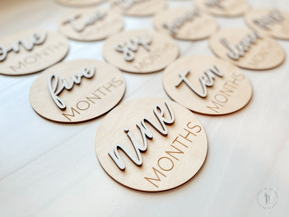 3D Wooden Monthly Milestone Discs For Baby Photos + Matching Nameplate